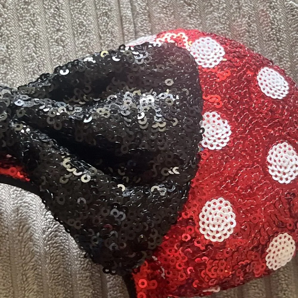 Disney Park White Bow Red Polka Dot Minnie Mouse Ears Sequins Headband Kid Adult - Picture 6 of 7